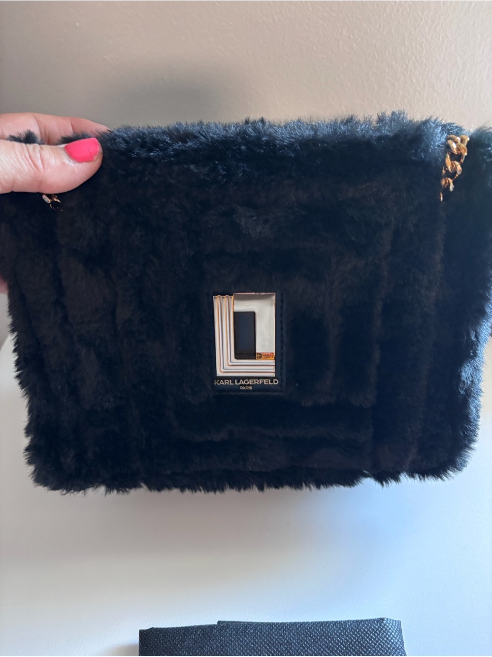 Kurt Geiger Black Faux Fur Convertible Crossbody Shoulder Bag Gold Chain